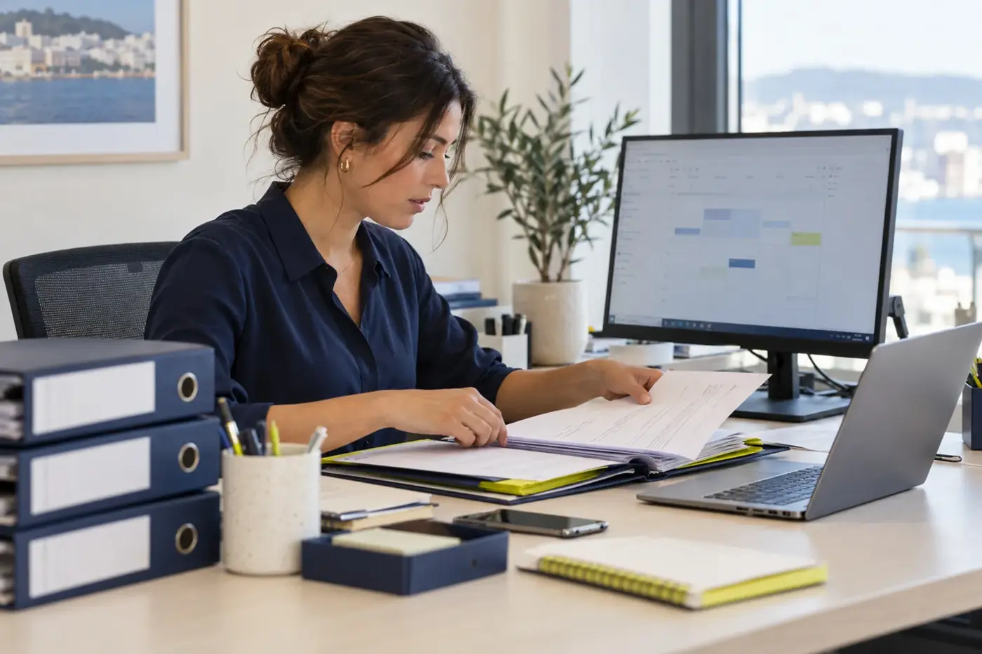 Organised desk with files and a planning screen