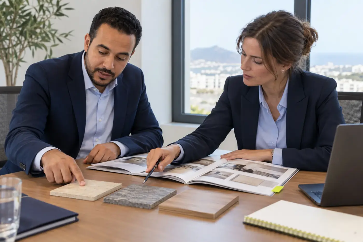 Business meeting with a product catalogue and samples