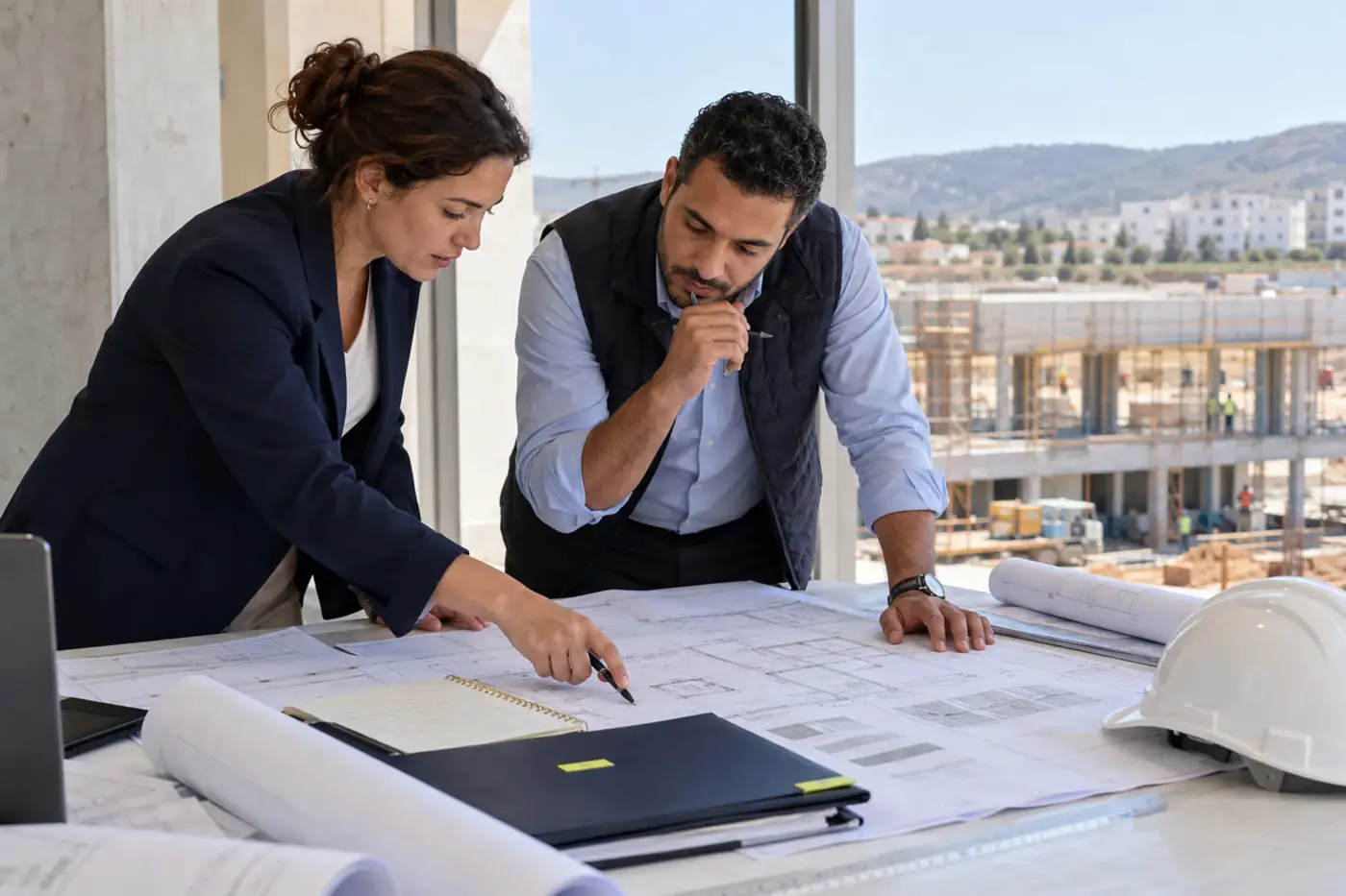 Reviewing construction plans next to a building site