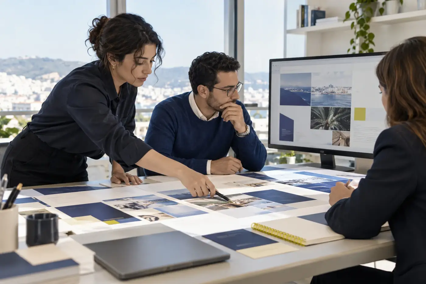 Team reviewing printed marketing materials