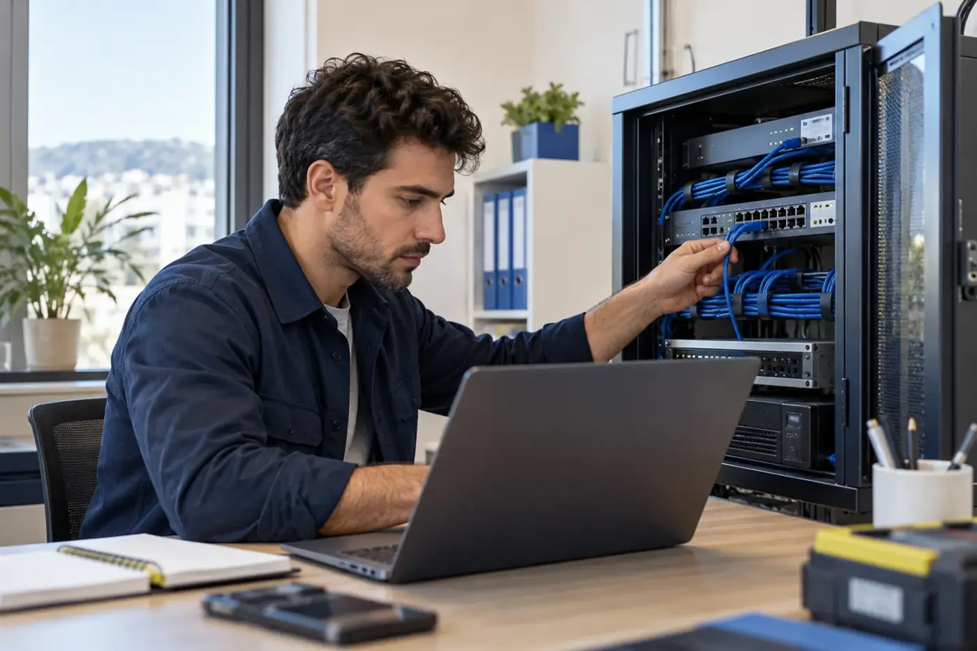 Working on a network cabinet with a laptop