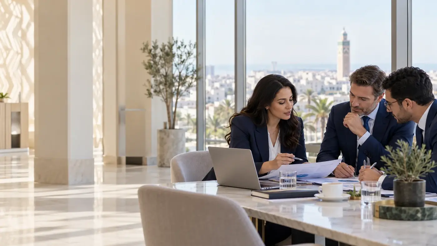 Business meeting in an office with a view over the city