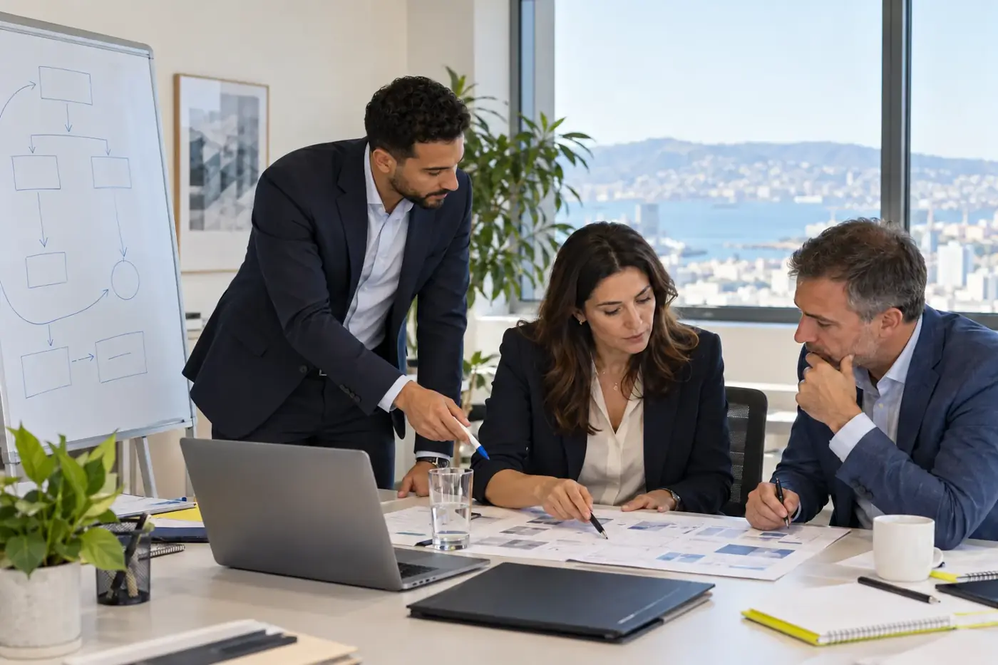 Team discussing plans in an office overlooking the bay
