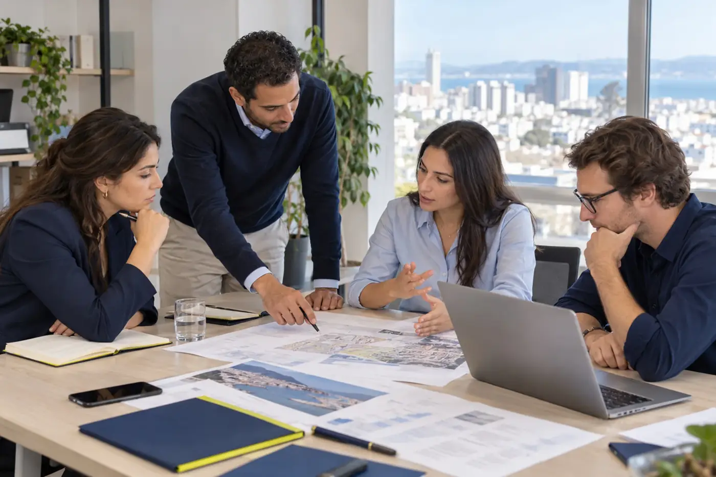 Team reviewing plans around a meeting table